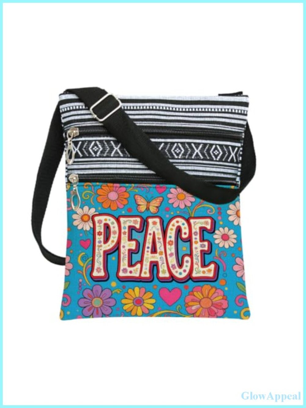 Hippie Peace Print Crossbody Bag Bohemian Ethnic Messenger Small Multi Zipper